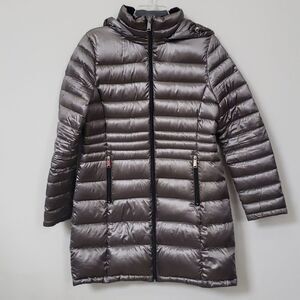Andrew Marc Coat Women Packable Lightweight Down Puffer Hooded Jacket Gunmetal